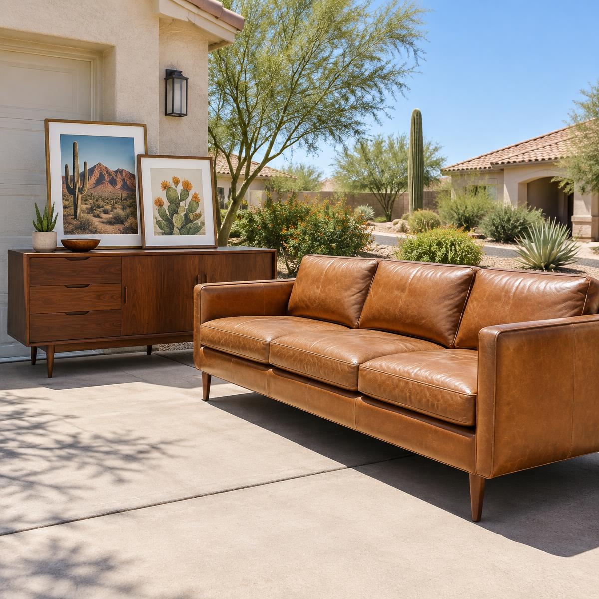 Quality leather sofa and wood sideboard ready for pickup in Phoenix